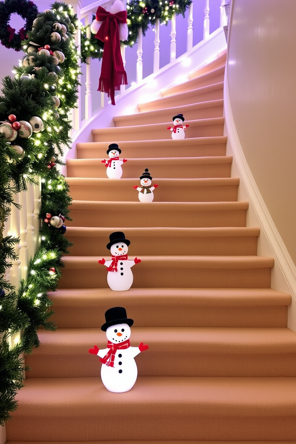 Charming snowman figurines are placed on each step of a beautifully decorated winter staircase. The staircase is adorned with twinkling fairy lights and garlands of evergreen, creating a festive and inviting atmosphere.