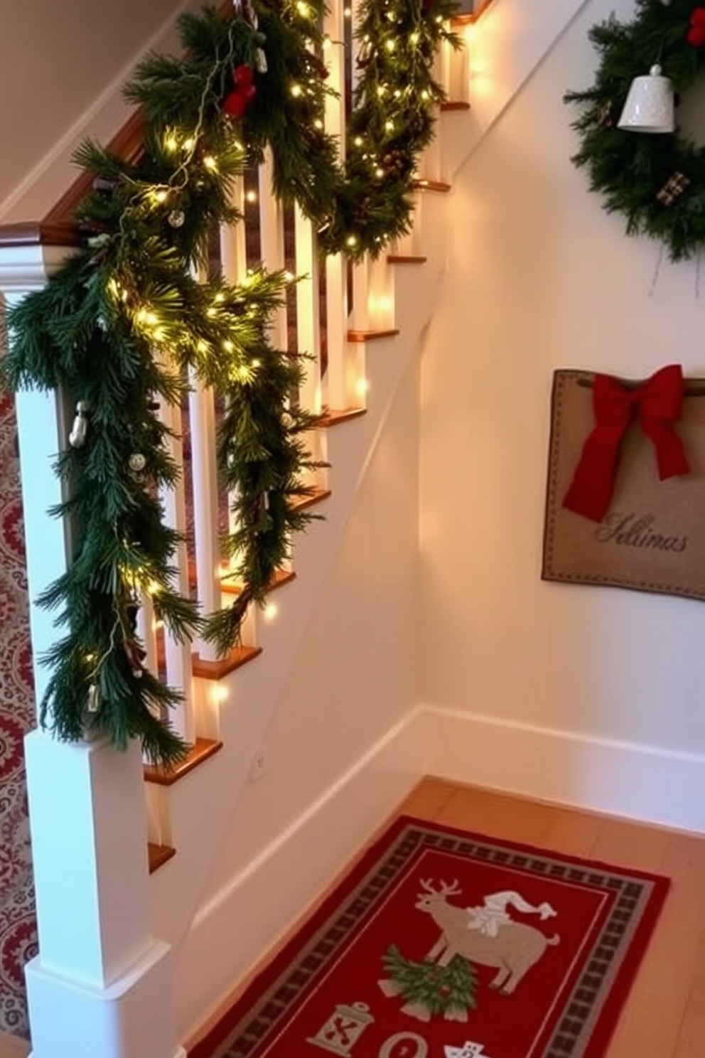 A cozy winter staircase adorned with holiday-themed throw rugs at the base. The staircase is draped with garlands of evergreen and twinkling fairy lights, creating a warm and inviting atmosphere.