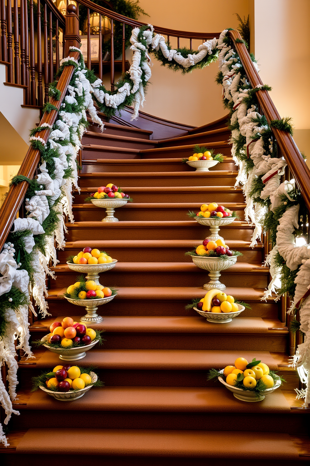 A beautifully arranged staircase adorned with decorative bowls filled with seasonal fruit. The staircase features elegant wooden banisters and is draped with soft white garlands, creating a warm and inviting atmosphere. The bowls are artfully placed on each step, showcasing a variety of vibrant fruits that reflect the colors of winter. Soft, ambient lighting highlights the staircase, enhancing the cozy and festive feel of the decor.