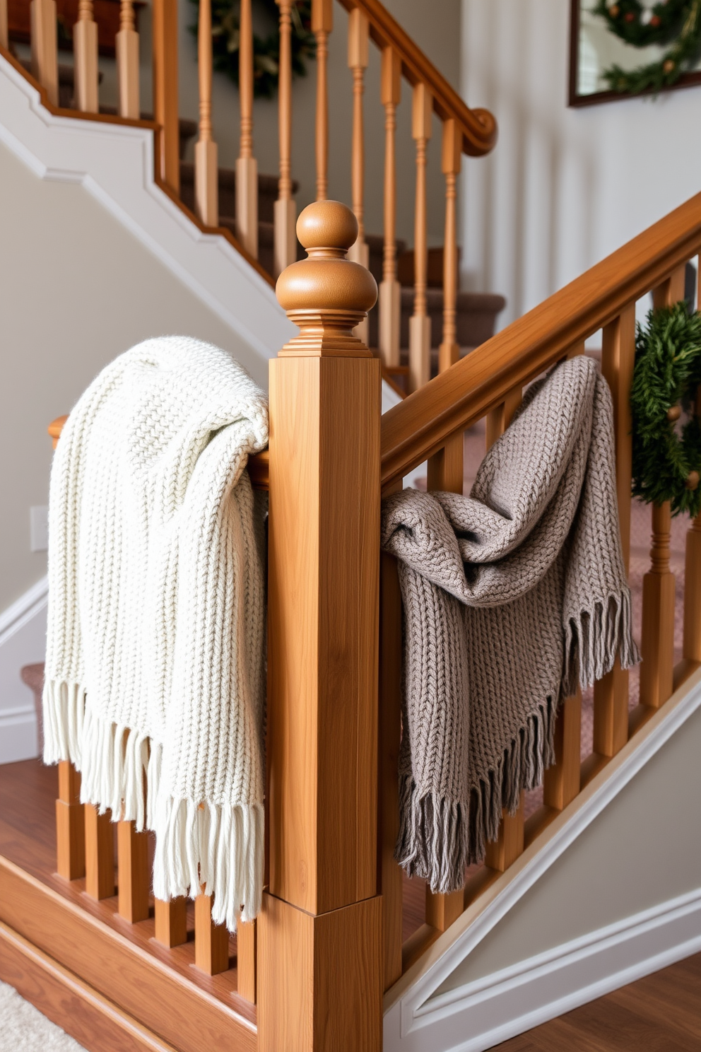 Textured throws in seasonal colors are elegantly draped over the banister of a grand winter staircase. Soft hues of deep red and forest green complement the wooden steps, creating a warm and inviting atmosphere.