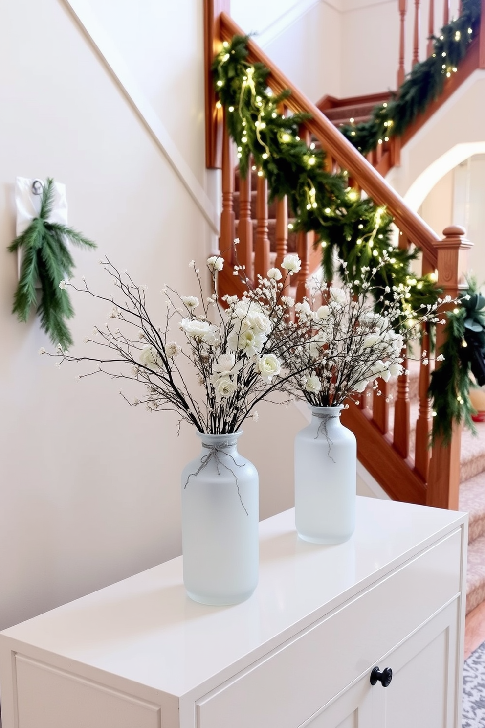 Frosted glass vases filled with delicate winter florals are arranged on a sleek white console table. The soft hues of the florals complement the cool tones of the frosted glass, creating a serene winter ambiance. The staircase is adorned with garlands of evergreen and twinkling fairy lights, enhancing the warmth of the wooden banister. Plush runners in muted tones add a cozy touch, inviting guests to ascend with a sense of seasonal cheer.