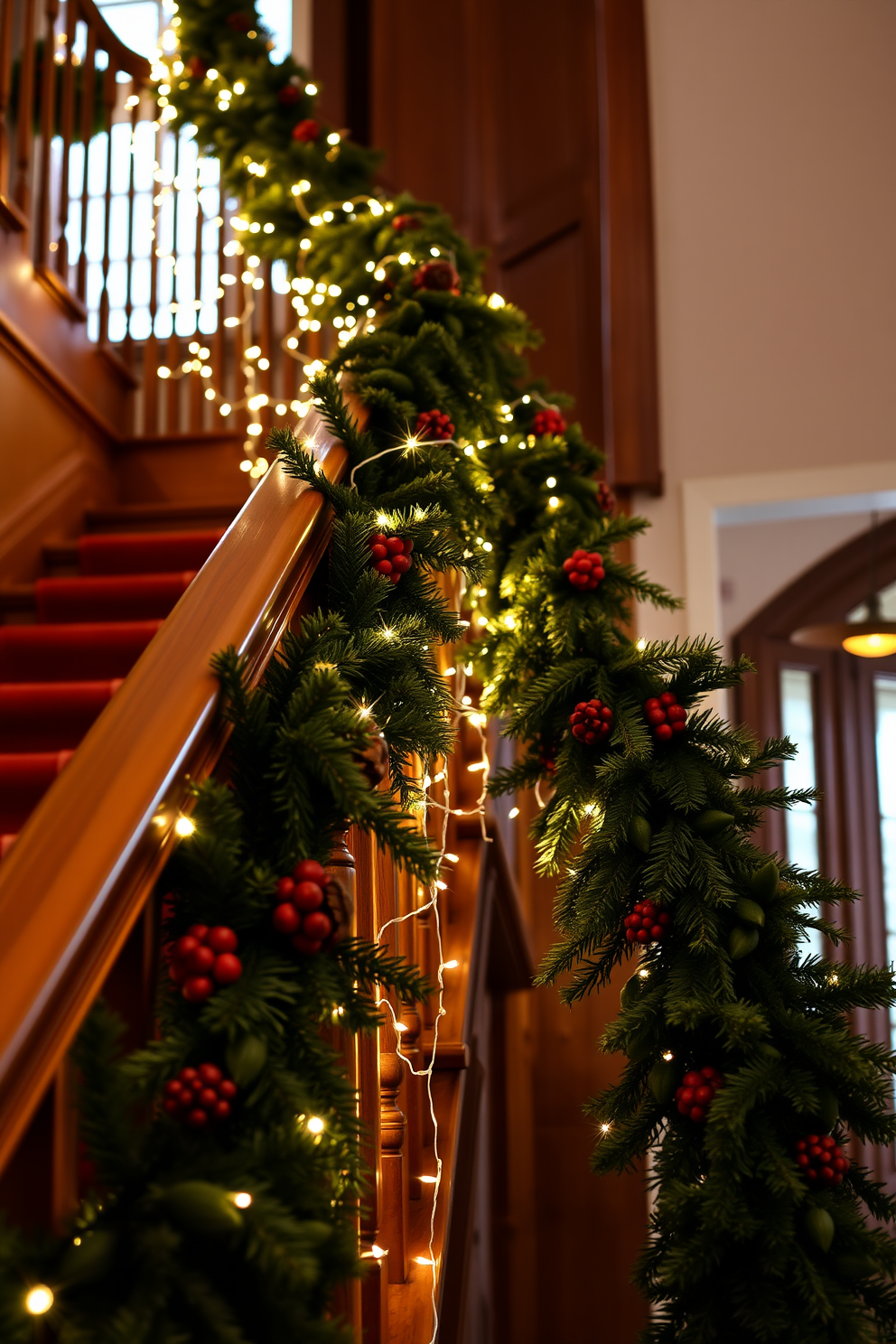 Twinkling fairy lights drape elegantly along the wooden banister of a grand staircase, casting a warm and inviting glow. The staircase is adorned with lush evergreen garlands, accented with red berries and pinecones, creating a festive winter atmosphere.