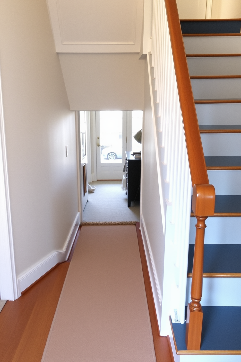 Stylish stair risers painted in winter hues create a warm and inviting atmosphere. Each riser features a different shade of blue and gray, complementing the soft white walls of the staircase. The handrail is crafted from polished wood, adding a touch of elegance to the design. A cozy runner rug in neutral tones runs along the center, enhancing the overall winter theme.