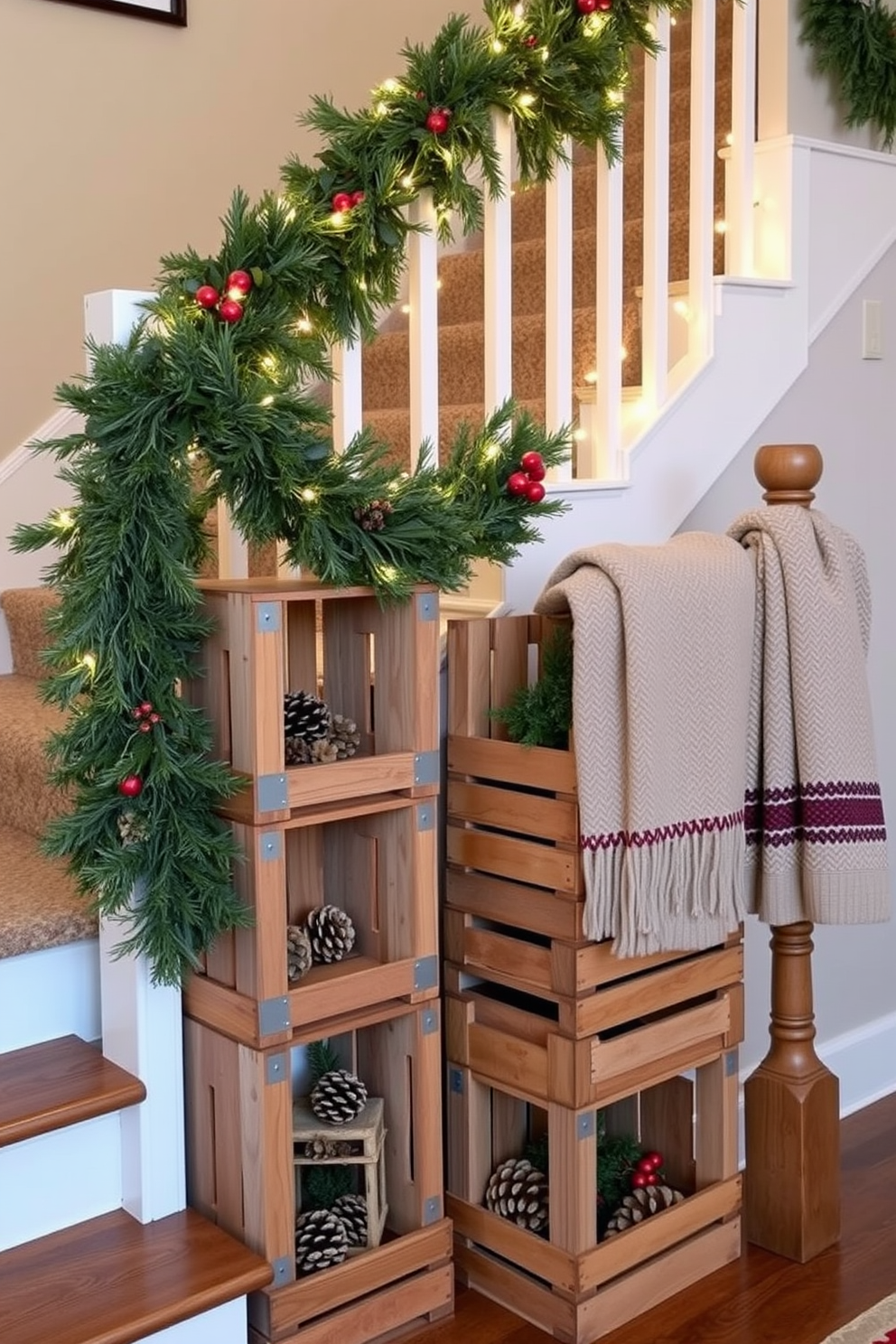 Rustic wooden crates are stacked creatively along the staircase, adding a charming and warm touch to the space. Each crate is filled with seasonal decorations like pinecones and evergreen branches, enhancing the winter theme. The staircase railing is adorned with twinkling fairy lights and a garland made of lush greenery and red berries. A cozy woolen throw is draped over the banister, inviting warmth and comfort during the chilly winter months.