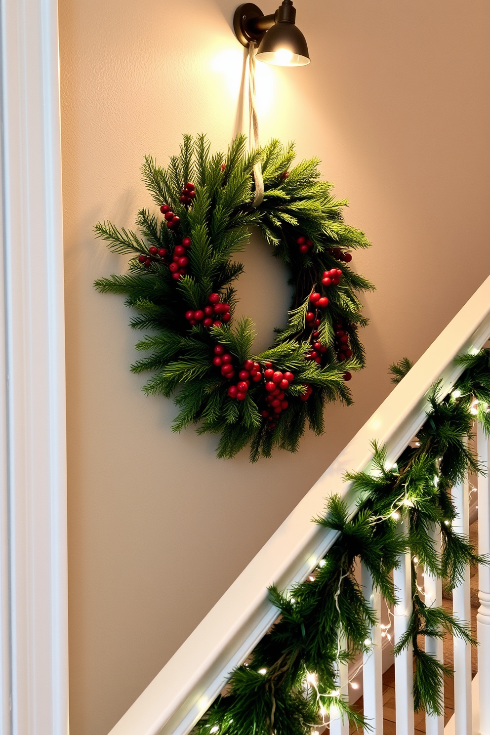 A seasonal wreath made of fresh pine and red berries is elegantly displayed on the staircase wall. The staircase features soft white garlands intertwined with twinkling fairy lights, creating a warm and inviting atmosphere.