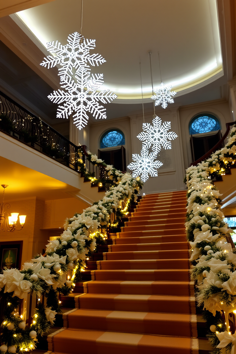 A grand staircase adorned with elegant snowflake ornaments suspended from the ceiling. The staircase is wrapped in a soft white garland and illuminated by warm white string lights, creating a magical winter atmosphere.