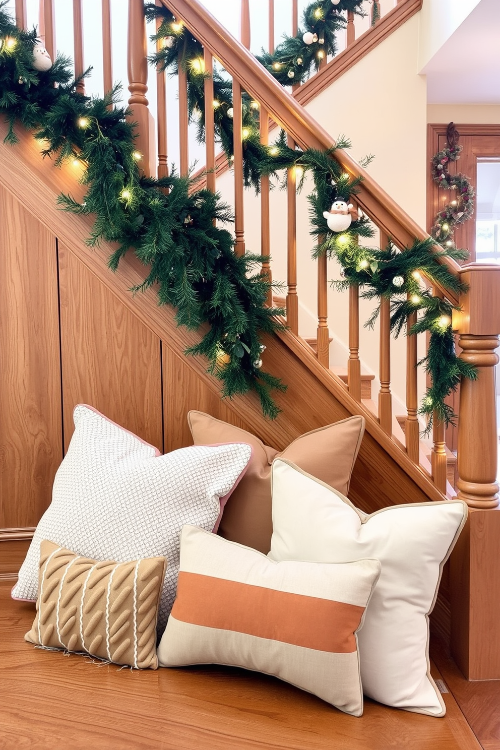 Warm-toned pillows are arranged on the staircase landing, creating a cozy and inviting atmosphere. Soft textures and varying patterns of the pillows complement the natural wood of the staircase, enhancing the overall warmth of the space. The staircase is adorned with seasonal decorations, including evergreen garlands and twinkling fairy lights. This winter theme adds a festive touch, making the landing a perfect spot for holiday gatherings and celebrations.