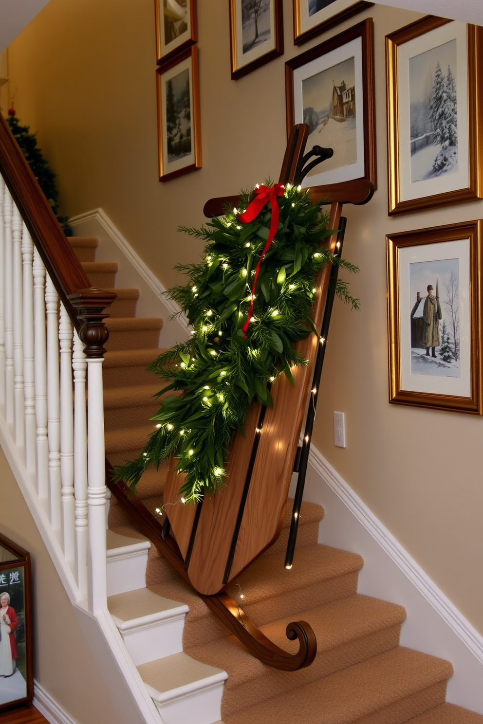 A vintage wooden sled is elegantly positioned on the staircase, adorned with festive greenery and twinkling fairy lights. The surrounding walls are decorated with framed winter-themed artwork, creating a cozy and inviting atmosphere for the holiday season.