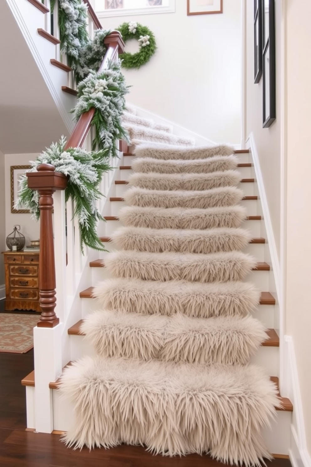 Fresh evergreen arrangements adorn the staircase, creating a warm and inviting ambiance. Delicate strands of twinkling lights weave through the greenery, enhancing the seasonal charm. Faux evergreen garlands drape elegantly along the banister, complemented by rustic ornaments and pinecones. A collection of festive candles in varying heights adds a cozy glow to the winter decor.