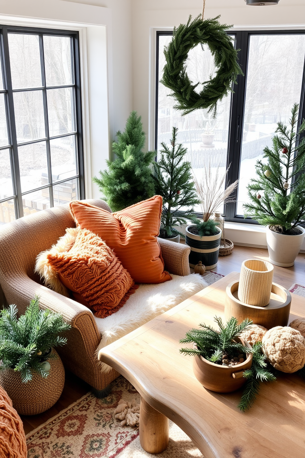 Cozy reading nook with plush cushions. A large window lets in natural light, illuminating a comfortable armchair surrounded by soft, oversized cushions in warm tones. Winter sunroom decorated with seasonal accents. Potted evergreen plants and a rustic wooden coffee table create an inviting atmosphere perfect for enjoying a hot beverage.