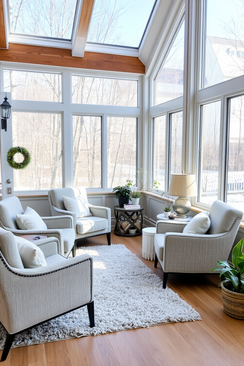 A serene winter sunroom filled with natural light. A small indoor fountain gently trickles water in the corner, surrounded by lush green plants and cozy seating. The walls are adorned with soft, neutral tones that create a warm atmosphere. Large windows showcase the winter landscape outside, while a plush area rug adds comfort underfoot.