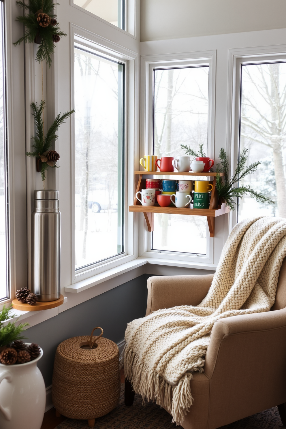 A cozy hot beverage station is set up in the corner of a bright winter sunroom. The station features an array of colorful mugs neatly arranged on a wooden shelf alongside a sleek stainless steel thermos. The sunroom is adorned with soft, warm textiles including a plush throw blanket draped over a comfortable armchair. Large windows allow natural light to flood the space, highlighting seasonal decorations such as pinecones and evergreen branches.