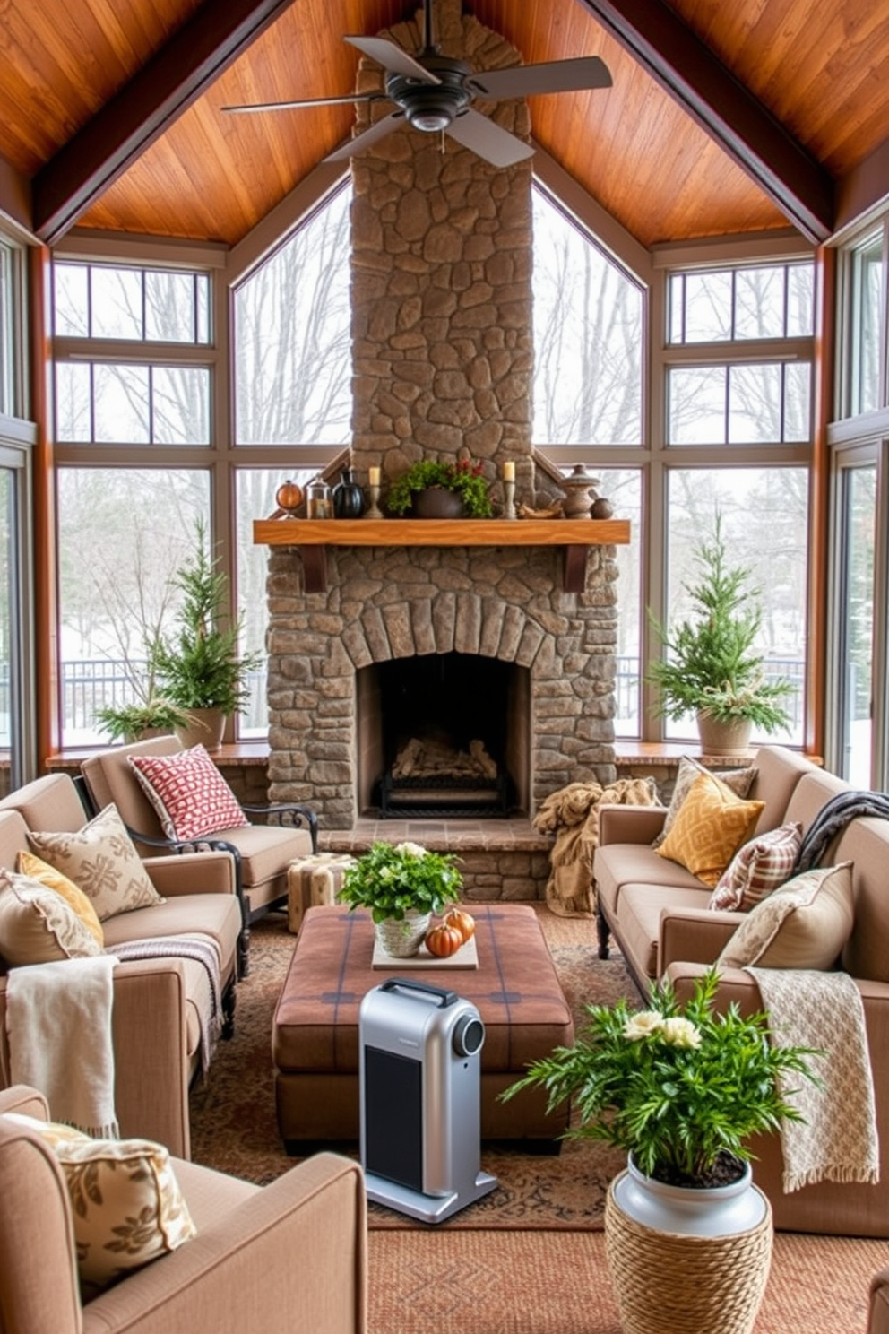 A cozy winter sunroom features large windows that allow natural light to flood the space. In one corner, a stylish hot beverage station is set up with a wooden cart that holds a selection of teas, coffees, and mugs. The sunroom is adorned with plush seating, including a soft sofa and several oversized cushions in warm, inviting colors. A small side table next to the seating area is topped with a decorative tray, showcasing a steaming mug and a few seasonal decorations.