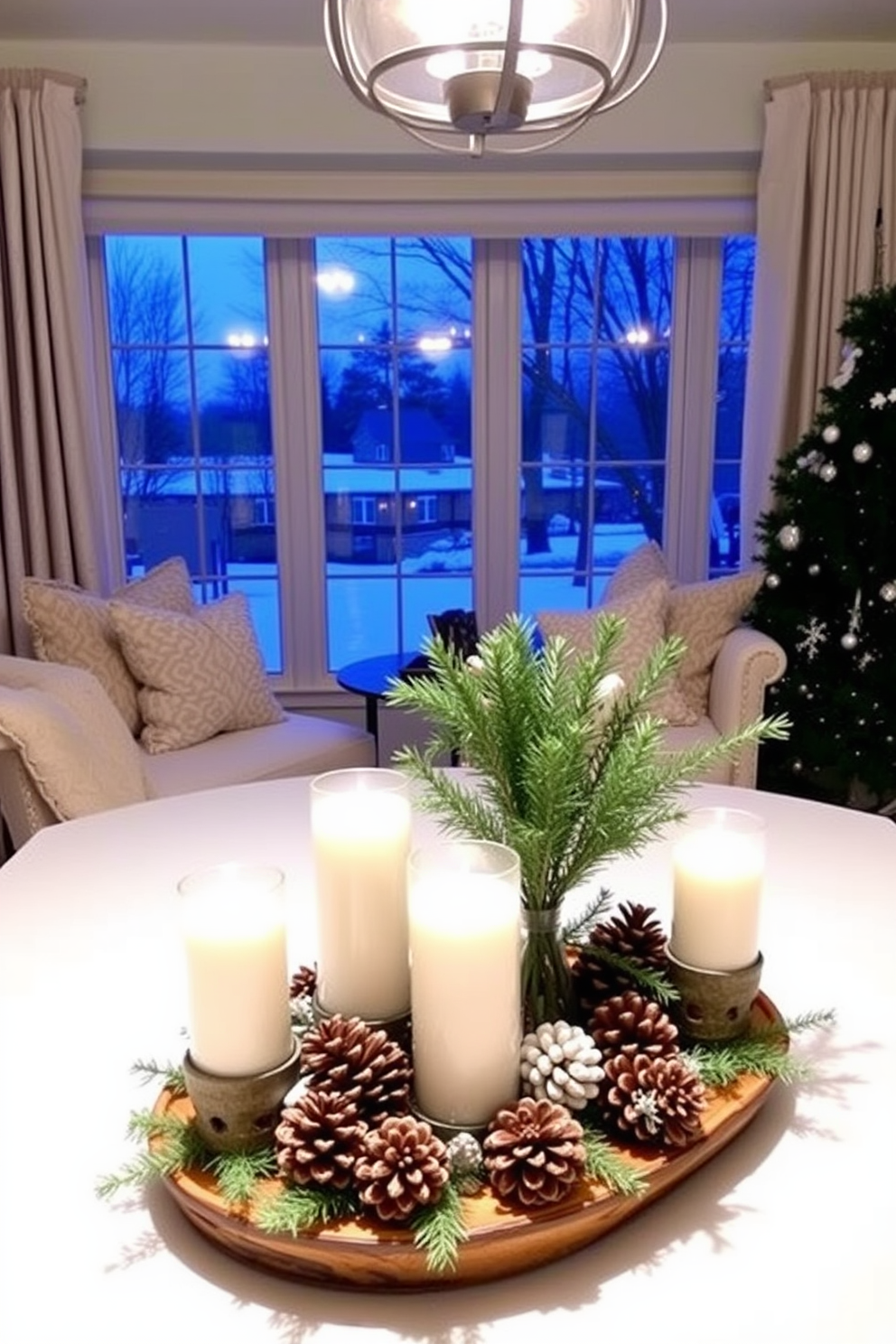 A cozy winter sunroom filled with natural light. The space features wicker furniture, including a comfortable loveseat and armchairs, adorned with plush cushions in warm earth tones. A wooden coffee table sits at the center, surrounded by potted plants that add a touch of greenery. Large windows draped with sheer white curtains allow the sun to filter in, creating a warm and inviting atmosphere.