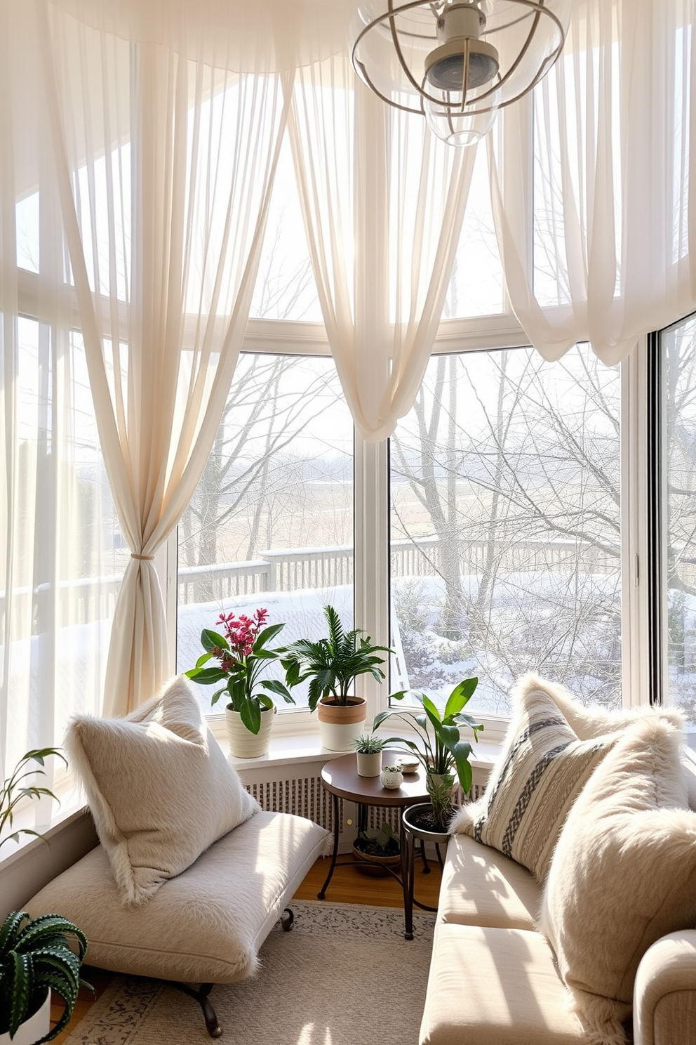 A cozy winter sunroom filled with natural light. Sheer curtains drape elegantly over large windows, allowing the soft winter sun to filter through and illuminate the space. A comfortable seating area features plush cushions in soft, neutral tones. Potted plants and a small coffee table add warmth and a touch of nature to the inviting atmosphere.