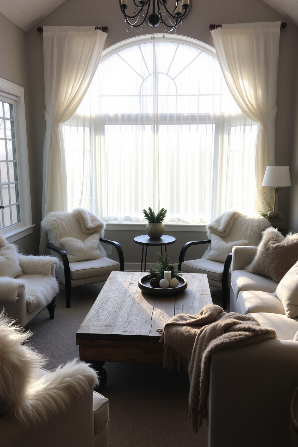 A cozy winter sunroom filled with natural light. The space features a large bay window adorned with sheer white curtains, allowing the sun to stream in. Faux fur accents are draped over plush chairs and scattered as pillows on a soft, neutral-toned sofa. A rustic wooden coffee table sits in the center, topped with a few seasonal decorations and a warm throw blanket.