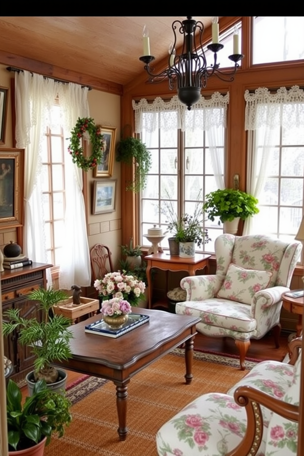 A cozy winter sunroom adorned with lush green plants and soft white furnishings. Hang winter-themed garlands and wreaths across the windows and walls to create a festive atmosphere.