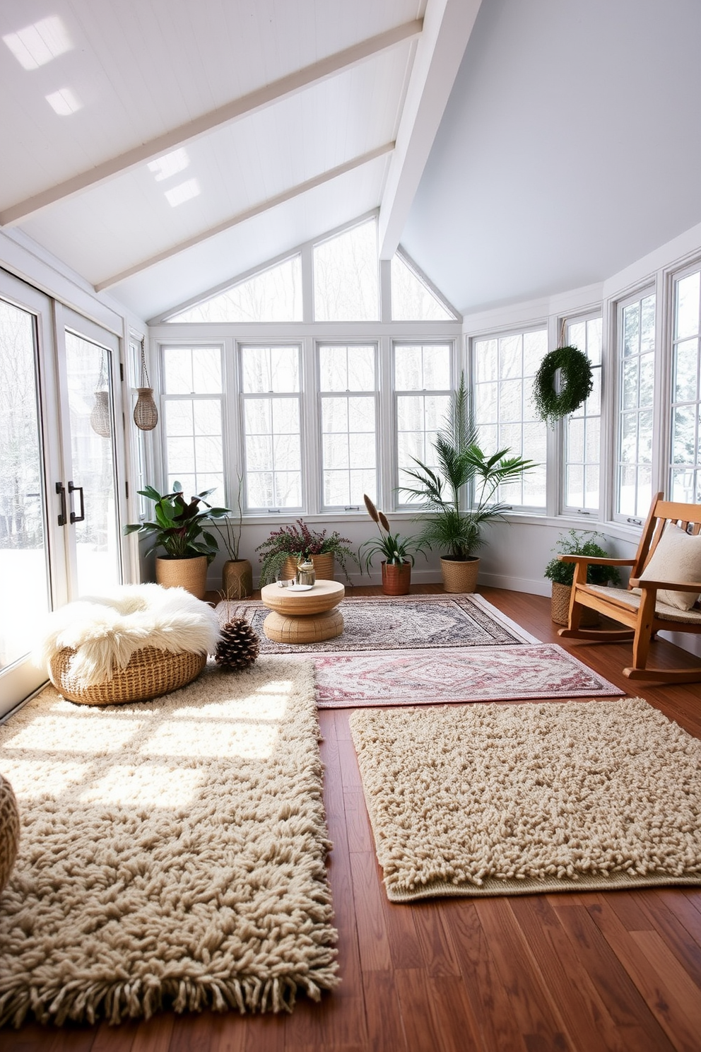 A cozy winter sunroom filled with natural light. Plush wool rugs cover the wooden floor, while silk cushions adorn the comfortable seating area. Large windows framed with sheer curtains allow sunlight to pour in, creating a warm atmosphere. A wooden coffee table holds a stack of books and a decorative candle, inviting relaxation.