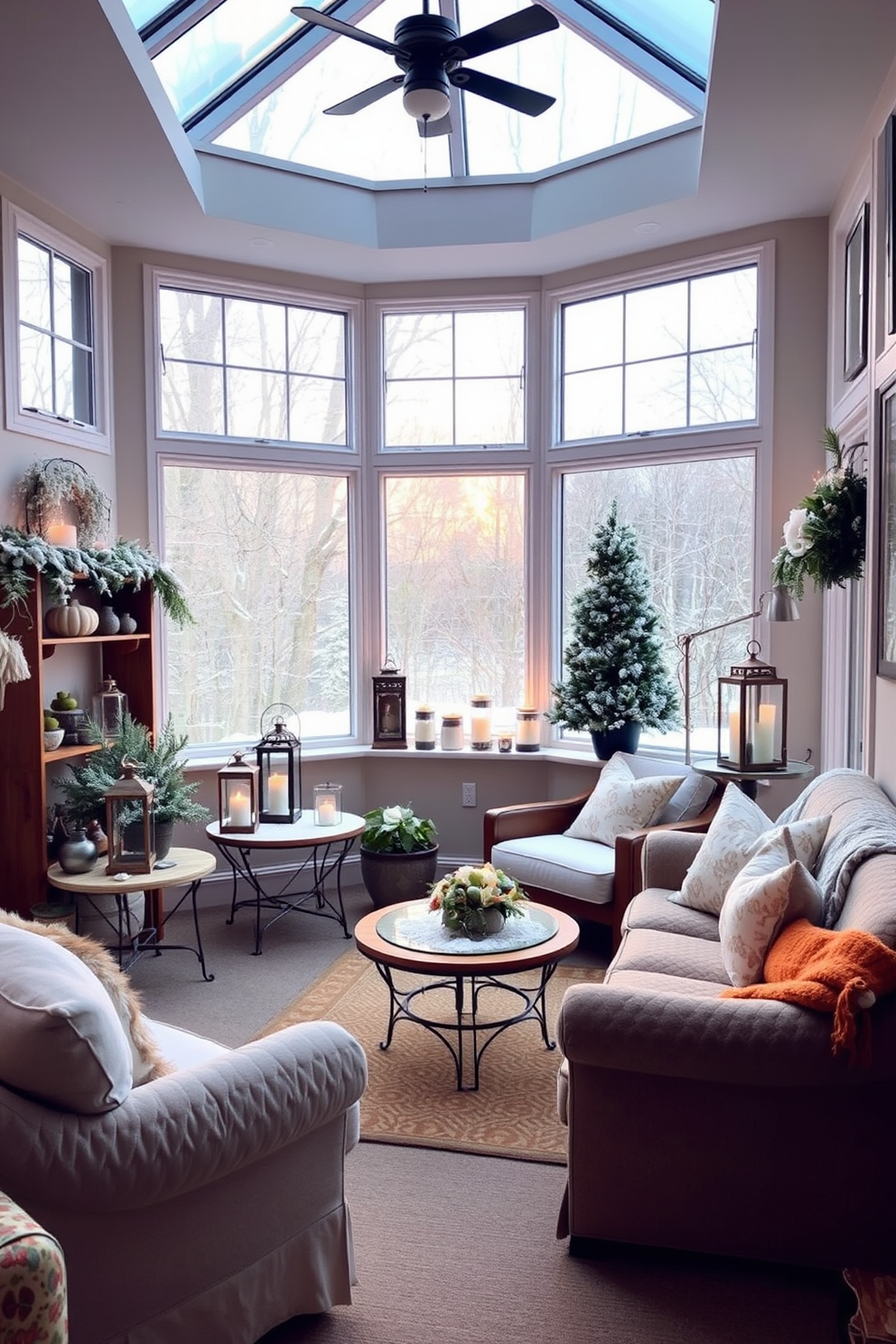 A cozy winter sunroom filled with natural light. Decorative lanterns are strategically placed on tables and shelves, casting a warm glow throughout the space. The walls are adorned with soft, neutral colors that complement the winter theme. Plush seating is arranged around a central coffee table, inviting relaxation and comfort.