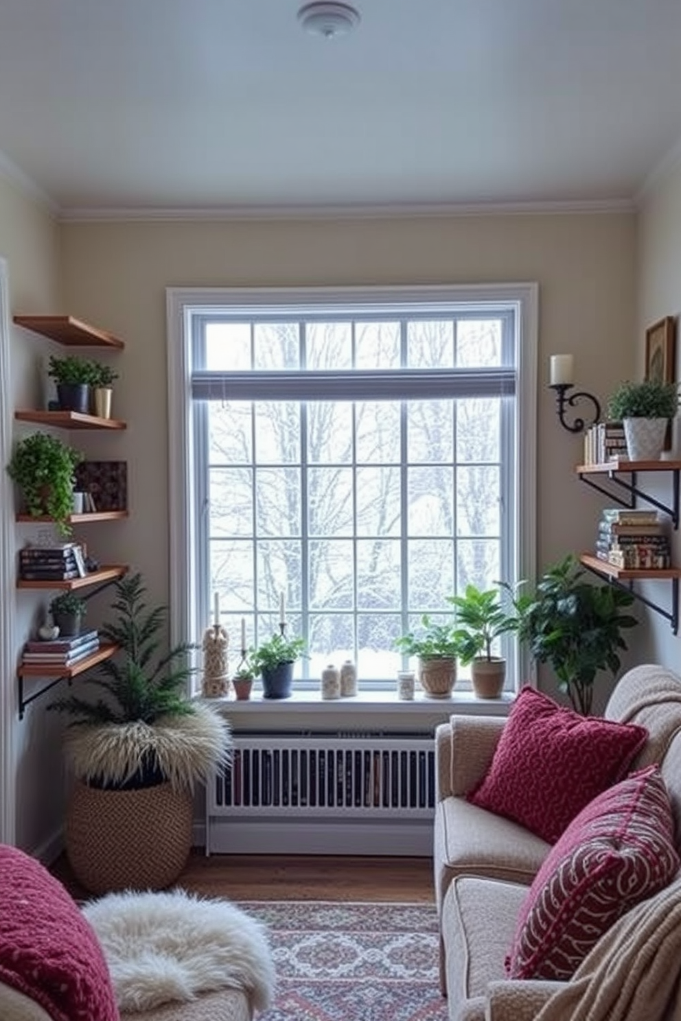 A cozy winter sunroom filled with natural light. Wall-mounted shelves are adorned with an array of decorative items, including potted plants, books, and candles. The walls are painted in a soft cream color to enhance the brightness of the space. Plush seating with warm textiles invites relaxation, creating a perfect retreat during the colder months.