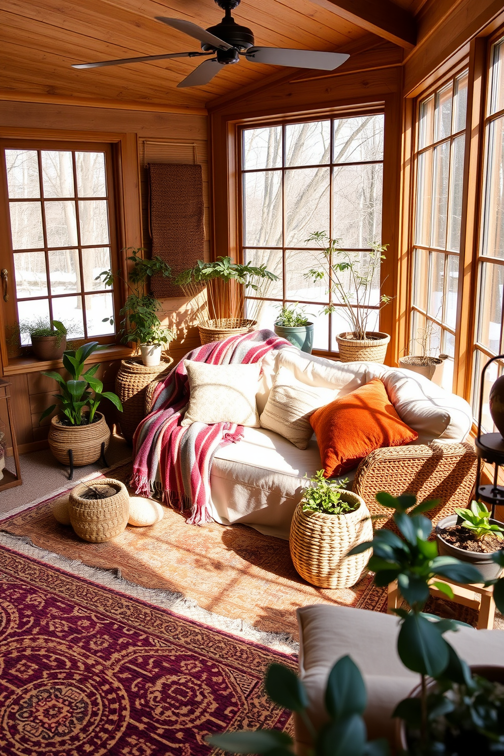 A cozy winter sunroom filled with layered textiles that radiate warmth and comfort. Plush throw blankets drape over a soft, oversized sofa adorned with an array of decorative pillows in rich, inviting colors. Natural light filters through large windows, illuminating a mix of woven rugs that add texture to the space. Potted plants in various sizes are strategically placed, bringing a touch of nature indoors while enhancing the sunroom's inviting atmosphere.