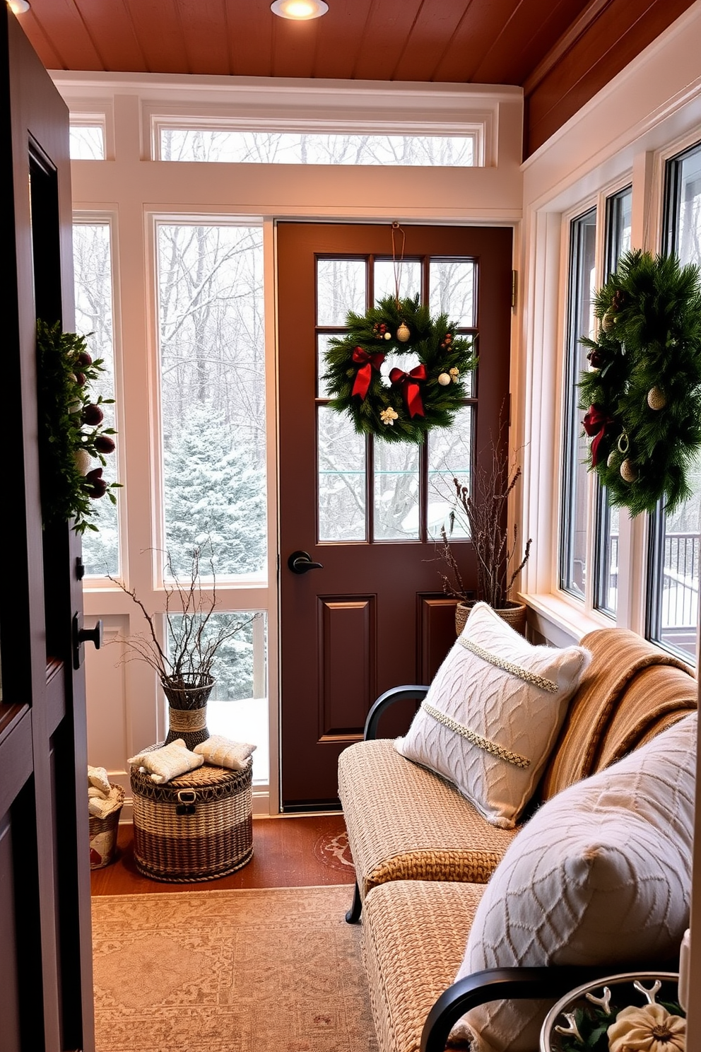 A cozy sunroom adorned with seasonal wreaths on the windows and door. The space features comfortable seating with plush cushions and a warm throw blanket, creating an inviting atmosphere for winter relaxation.