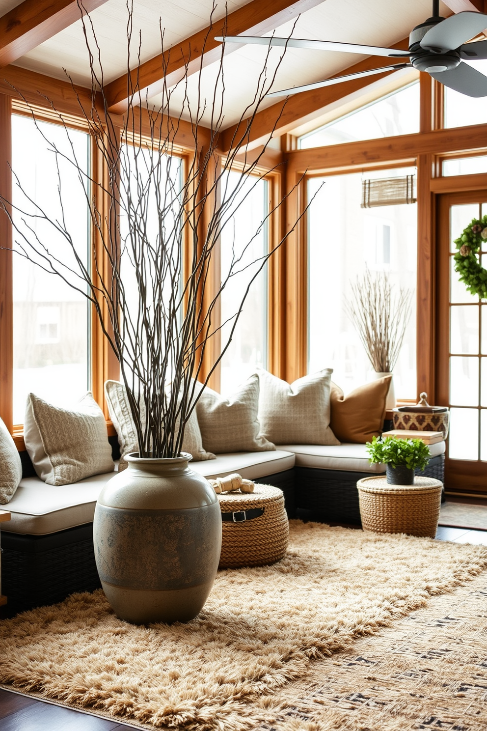 A cozy winter sunroom filled with nature-inspired decor. The space features branches and twigs artfully arranged in a large ceramic vase, complemented by soft, textured cushions on a comfortable seating area. Large windows allow natural light to flood in, illuminating the warm wooden accents throughout the room. A plush area rug in earthy tones anchors the space, creating an inviting atmosphere perfect for relaxation.