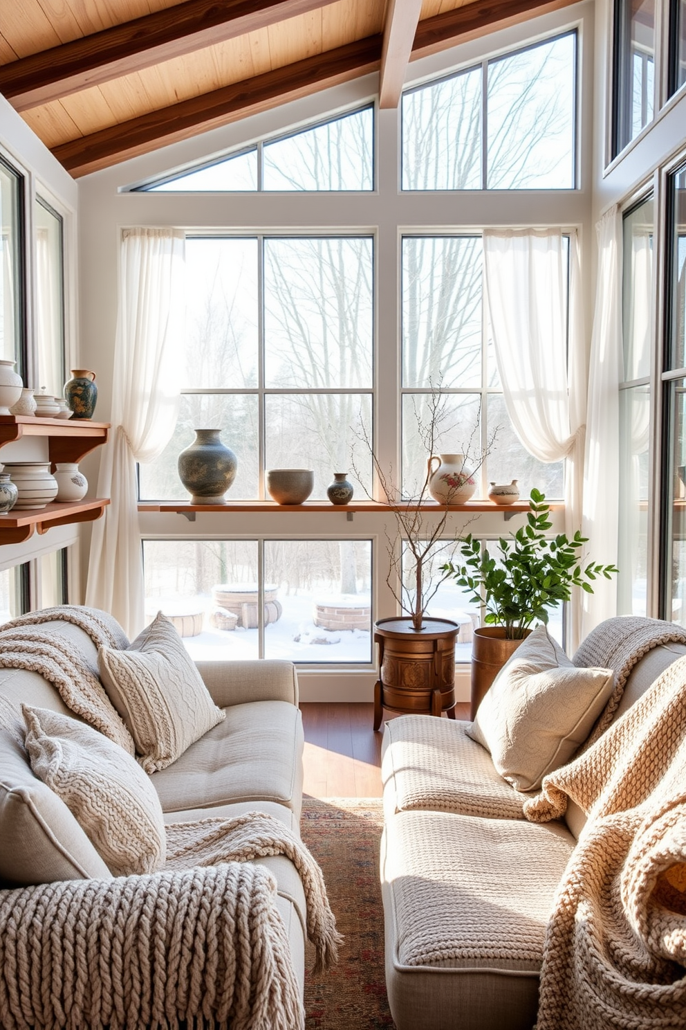 A cozy winter sunroom filled with natural light. The space features artisan pottery displayed on wooden shelves, adding a handcrafted touch to the decor. Plush seating arrangements with soft, textured throws invite relaxation. Large windows are adorned with sheer curtains, allowing the winter sun to warm the room.