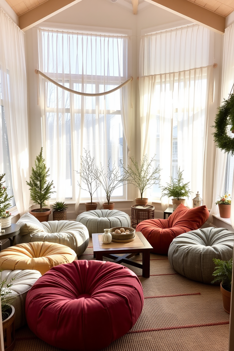 A cozy winter sunroom filled with natural light streaming through large windows. The space features a small workspace with a sleek wooden desk, complemented by a comfortable chair and a decorative lamp. Surrounding the desk are potted plants that bring a touch of greenery to the room. The walls are adorned with soft, neutral tones, and a plush area rug adds warmth underfoot.