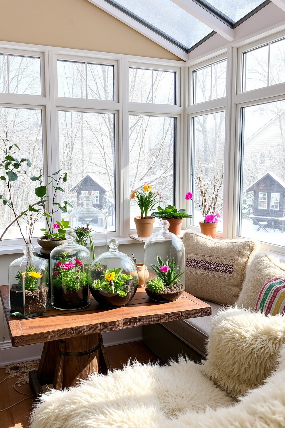 A bright winter sunroom filled with natural light. Glass terrariums of various sizes are arranged on a rustic wooden table, showcasing vibrant green plants and colorful flowers. The walls are adorned with soft, neutral colors to create a warm atmosphere. Cozy seating with plush cushions invites relaxation while enjoying the beauty of the plant displays.