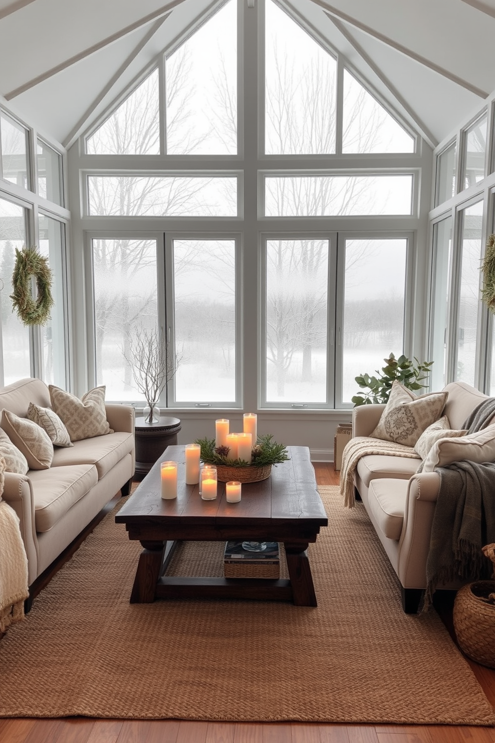 A cozy winter sunroom filled with natural light. Plush seating in soft neutrals is arranged around a rustic wooden coffee table, adorned with scented candles that create a warm ambiance. Frosted glass windows frame the space, showcasing the winter landscape outside. A woven area rug adds texture, while decorative throw blankets and pillows invite relaxation.