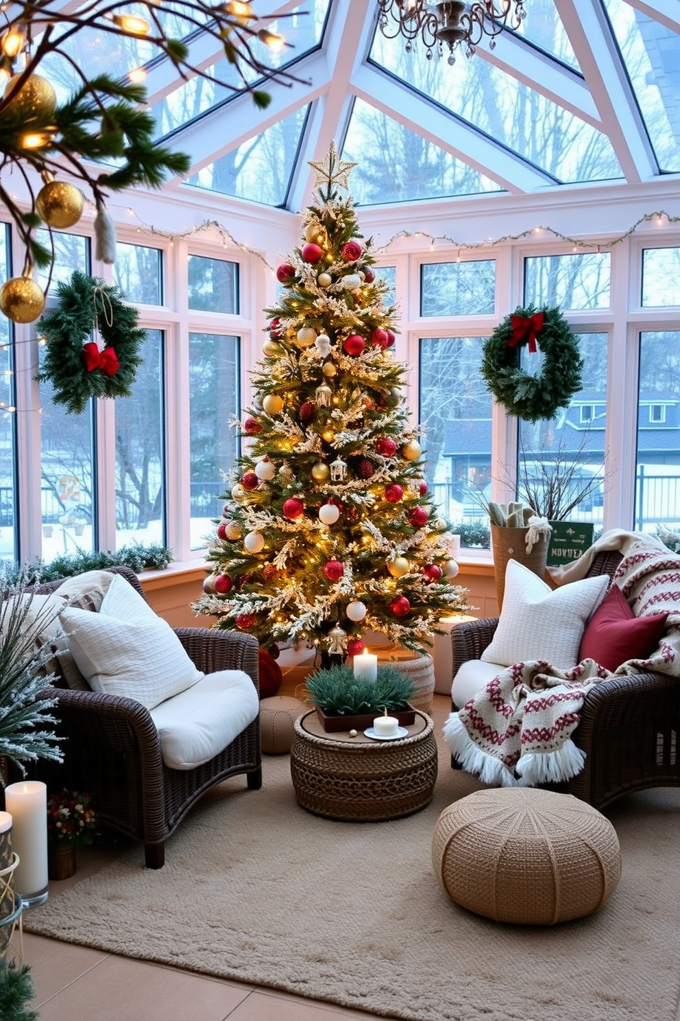 Charming holiday ornaments for festive spirit. The sunroom is adorned with twinkling fairy lights and a beautifully decorated evergreen tree, surrounded by cozy seating and plush blankets. Winter sunroom decorating ideas. Incorporate natural elements like pinecones and frosted branches, along with warm-toned cushions and a soft area rug to create a welcoming atmosphere.