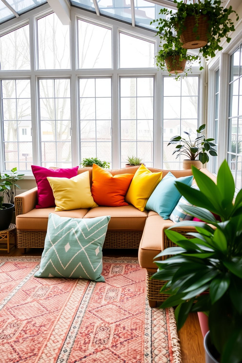 Bright throw pillows in vibrant hues are scattered across a comfortable sectional sofa, adding a cheerful touch to the sunroom. Large windows allow natural light to flood the space, highlighting the soft textures of the pillows and creating a warm, inviting atmosphere. A cozy area rug anchors the seating area, complementing the colorful pillows while providing a soft surface underfoot. Potted plants in varying heights are placed around the room, enhancing the winter sunroom's fresh and lively feel.