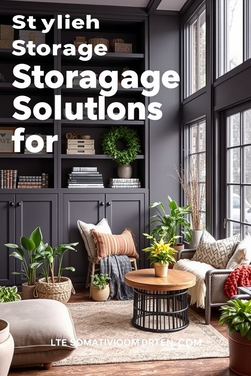 Stylish storage solutions for clutter-free space. Imagine a sleek built-in shelving unit that combines open and closed storage, showcasing decorative boxes and books while neatly concealing everyday items. Winter Sunroom Decorating Ideas. Visualize a cozy sunroom adorned with plush seating, layered textiles, and a mix of potted plants, creating a warm retreat filled with natural light during the colder months.