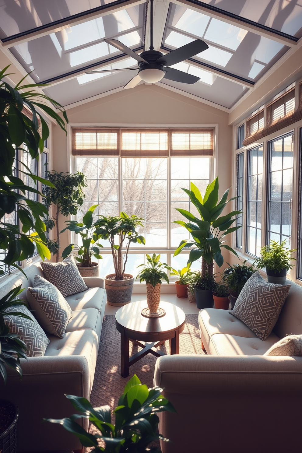 A cozy sunroom filled with natural light features large windows that frame a view of a snowy landscape outside. In the corners, potted evergreen plants add a touch of winter greenery, their rich foliage contrasting beautifully with the soft, neutral decor. The seating area includes a plush sofa adorned with warm blankets and cushions in earthy tones. A wooden coffee table sits in the center, surrounded by decorative lanterns that create a warm and inviting atmosphere.