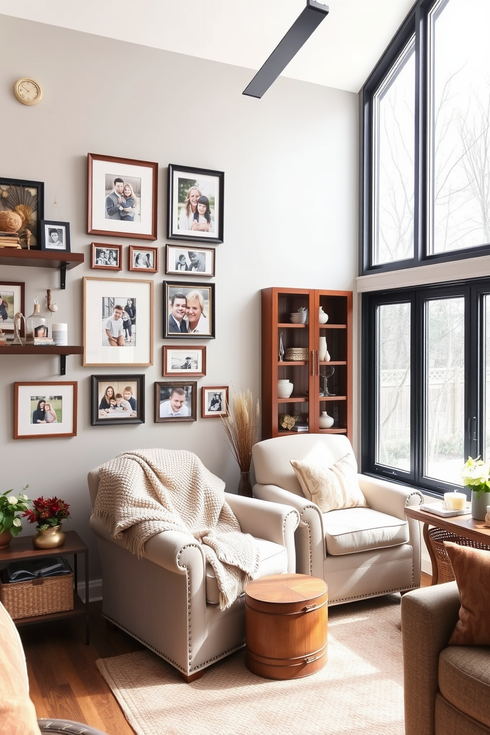 A cozy winter sunroom features a large window that allows natural light to flood the space, creating a warm and inviting atmosphere. In the center, a plush sectional sofa is adorned with soft, textured throw pillows and a chunky knit blanket, perfect for snuggling up on chilly days. To one side, a beautiful stone fireplace serves as the focal point, radiating warmth and charm. Surrounding the fireplace, a mix of potted plants and decorative lanterns enhances the cozy vibe, while a rustic coffee table holds a steaming mug and a stack of seasonal books.