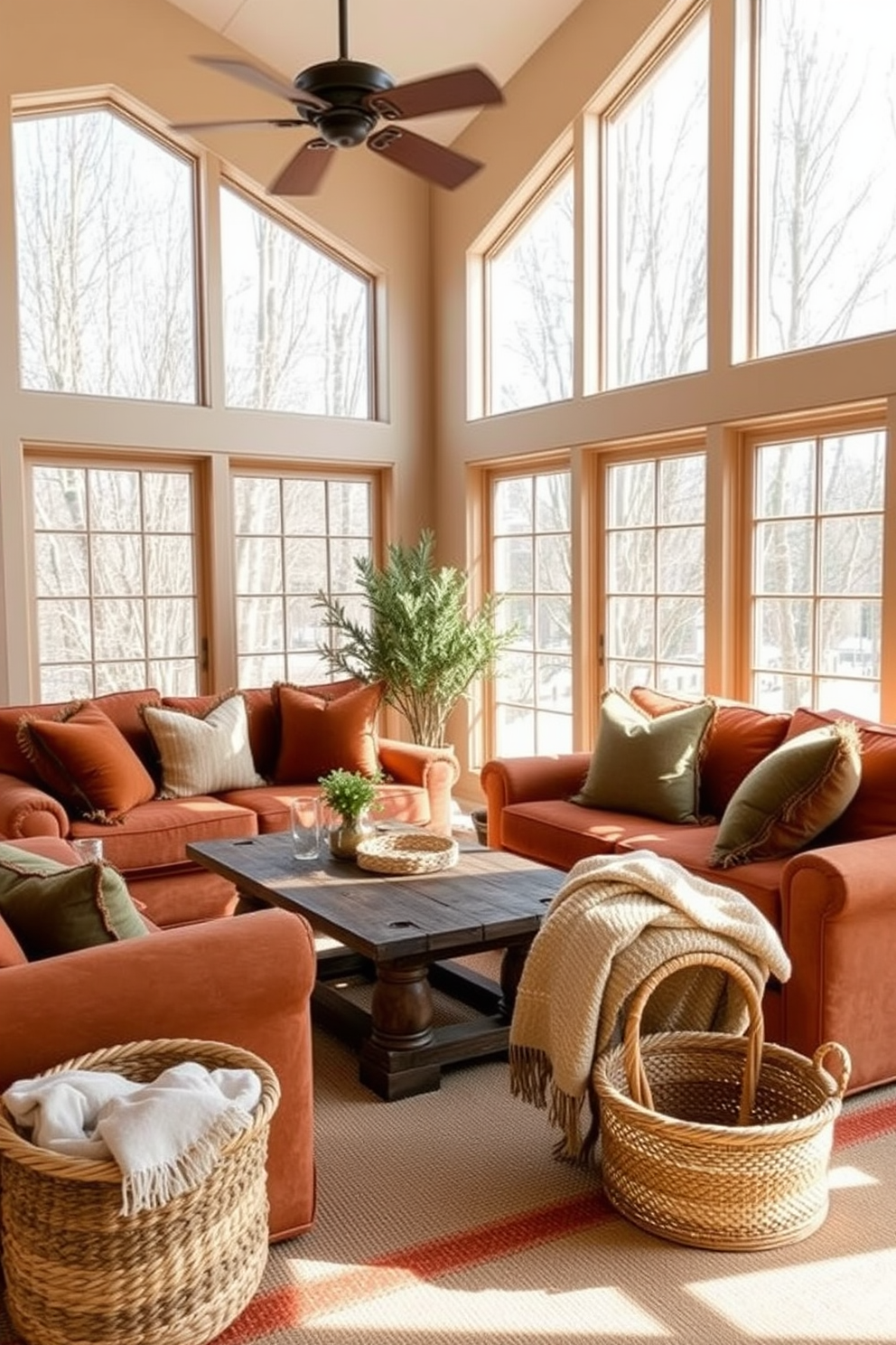 A cozy sunroom filled with natural light and warmth. Soft seating arrangements featuring plush cushions create an inviting atmosphere. String fairy lights are draped across the ceiling, casting a gentle glow throughout the space. Potted plants in various sizes add a touch of greenery and life to the winter setting.