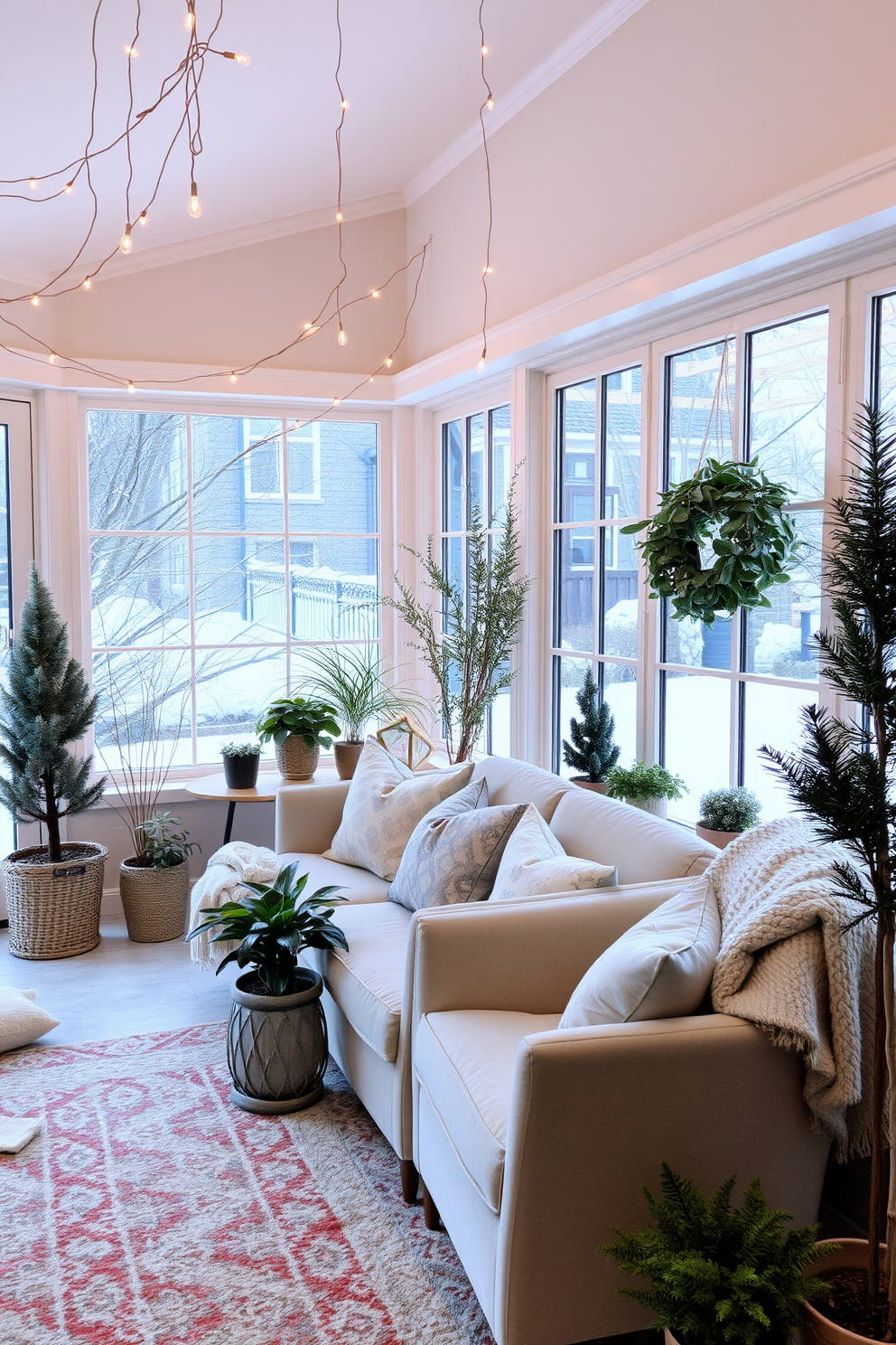 A cozy winter sunroom filled with soft lighting from string fairy lights hanging delicately overhead. The space features a plush seating area with a mix of oversized cushions and a warm throw blanket draped over a stylish armchair. Large windows allow natural light to flood in, creating a bright and inviting atmosphere. Potted plants are placed strategically around the room, adding a touch of greenery to the serene winter decor.