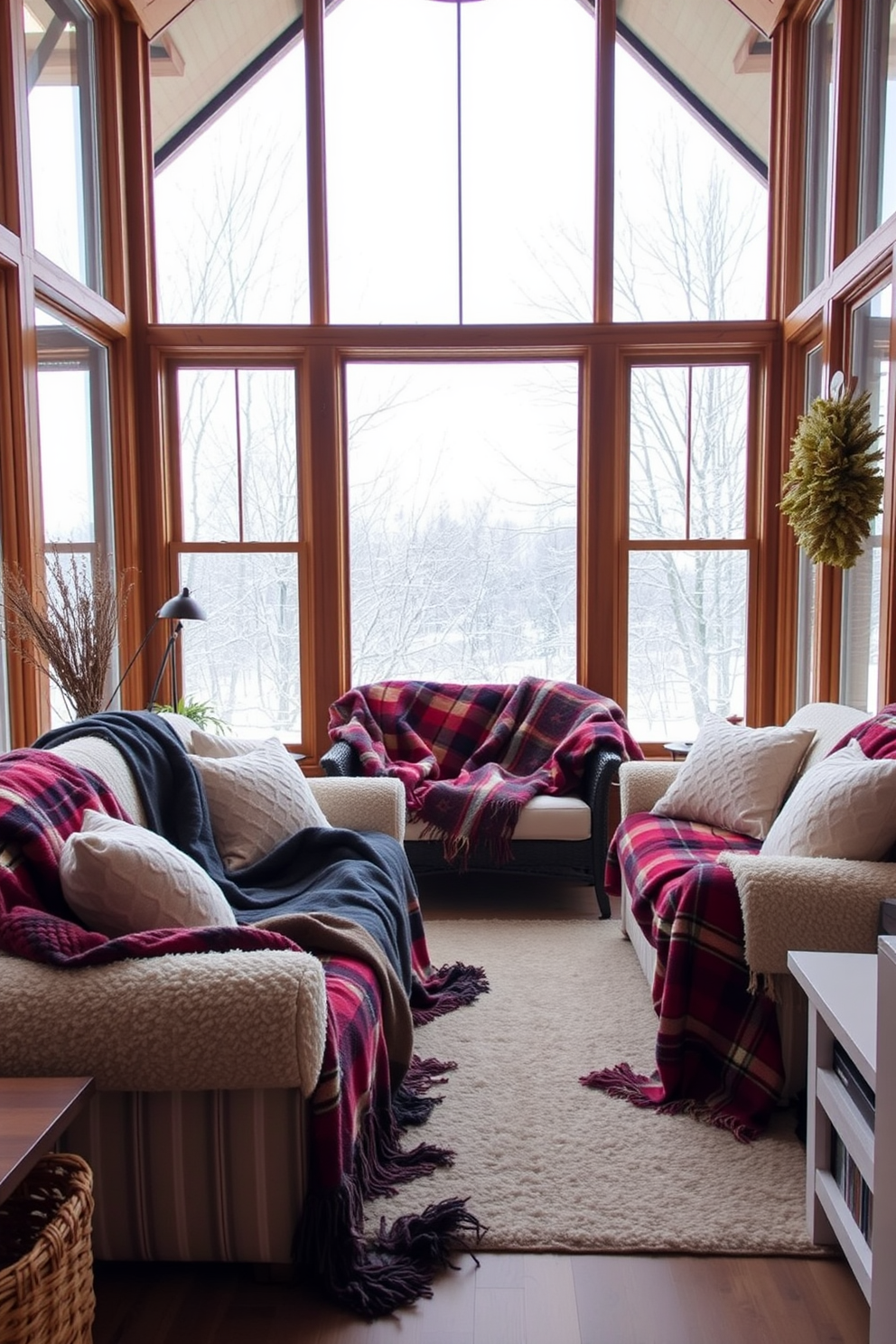 A cozy winter sunroom adorned with oversized throw blankets draped over plush furniture. The space is filled with natural light, featuring large windows that showcase the snowy landscape outside.