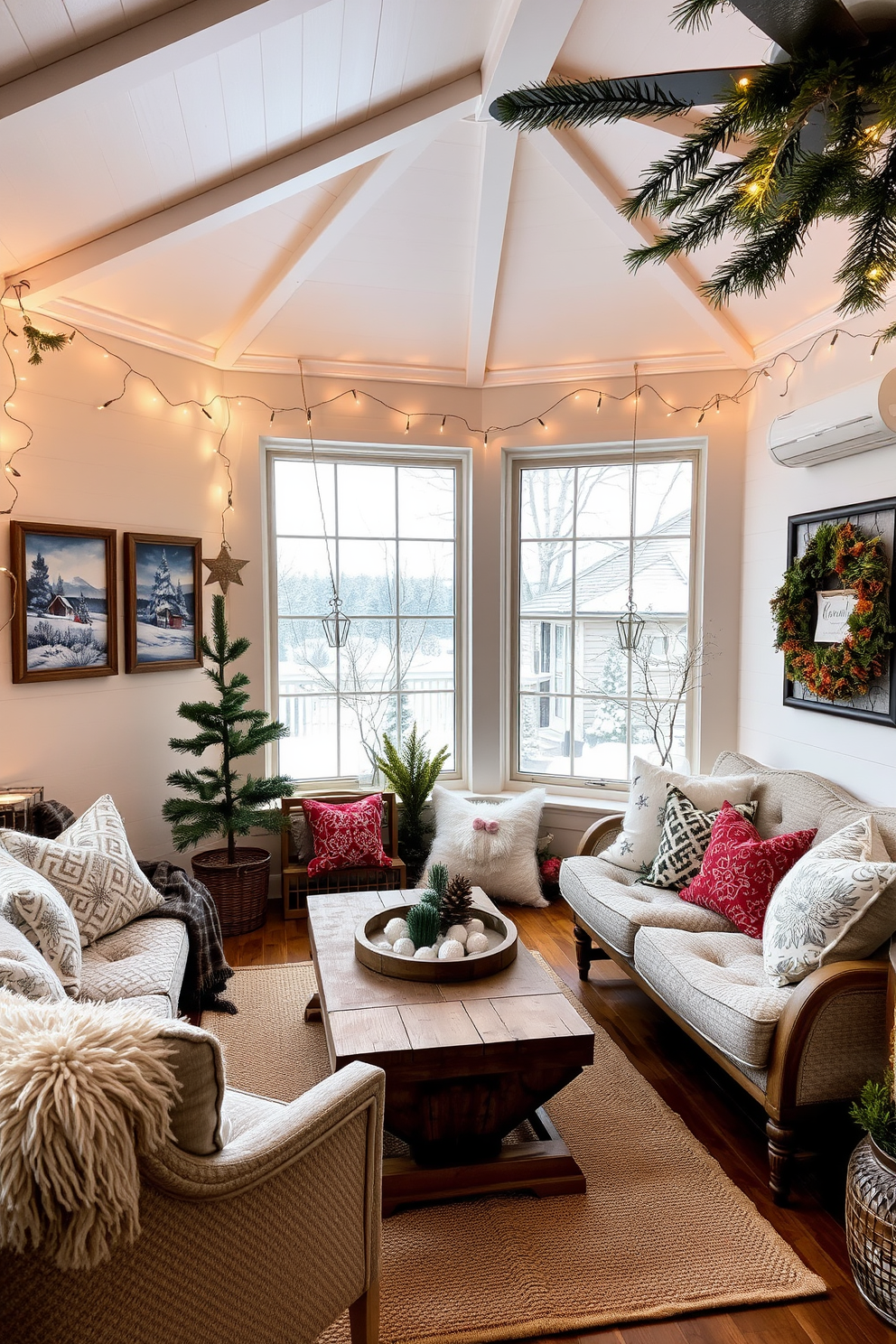 A cozy winter-themed sunroom features decorative wall art depicting snow-covered landscapes and festive holiday motifs. Soft, plush seating is arranged around a rustic wooden coffee table, inviting relaxation and warmth during the chilly season. The walls are adorned with framed prints of winter scenes, complemented by twinkling fairy lights that create a magical ambiance. Natural elements like pinecones and evergreen branches are incorporated into the decor, enhancing the wintery feel of the space.