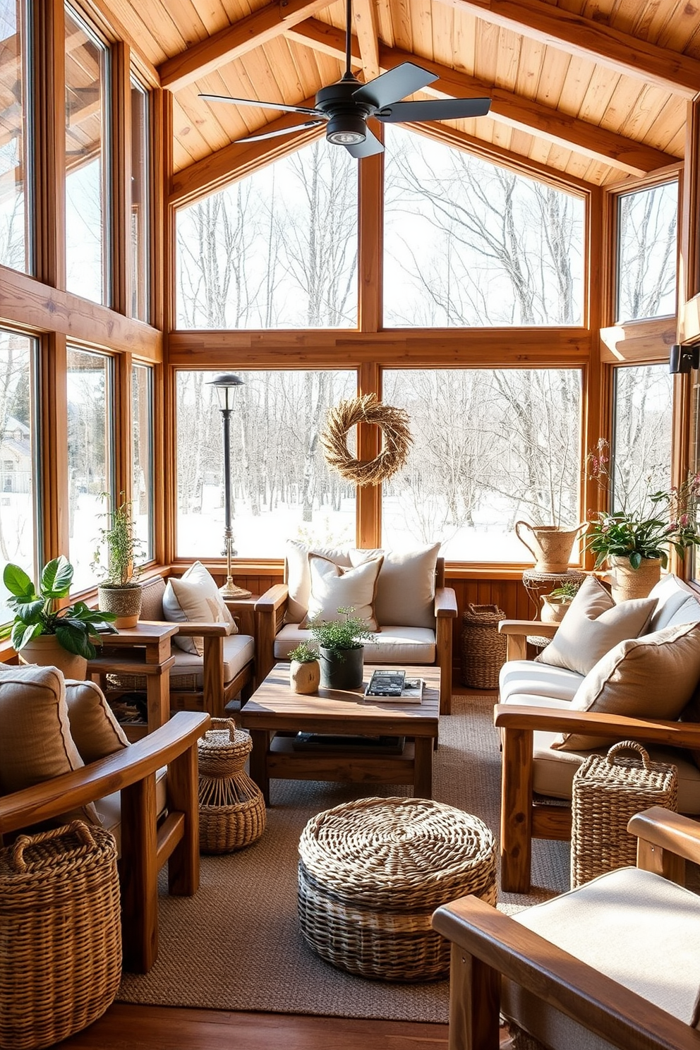 A cozy sunroom adorned with seasonal centerpieces featuring natural elements. The centerpiece includes pinecones, evergreen branches, and white candles arranged on a rustic wooden table. Large windows allow ample sunlight to flood the room, highlighting the warm tones of the wooden furniture. Plush throws and cushions in soft blues and whites create an inviting atmosphere perfect for winter relaxation.