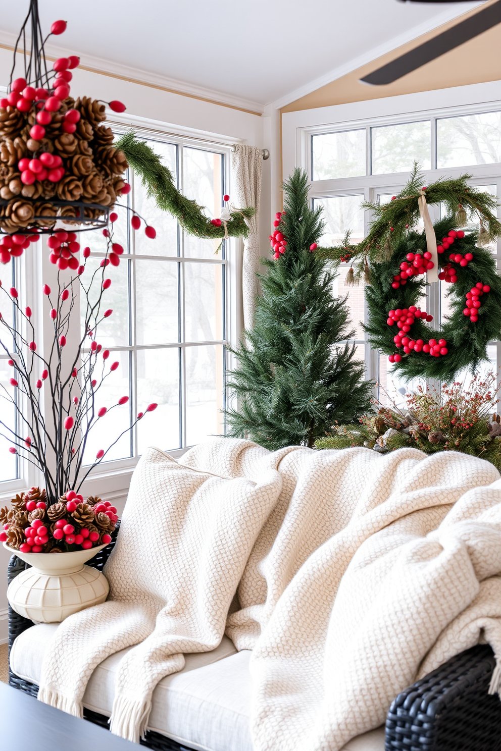 A cozy winter sunroom filled with seasonal decor featuring clusters of pinecones and vibrant red berries. The space is adorned with soft, textured blankets draped over a comfortable seating area, inviting warmth and relaxation.