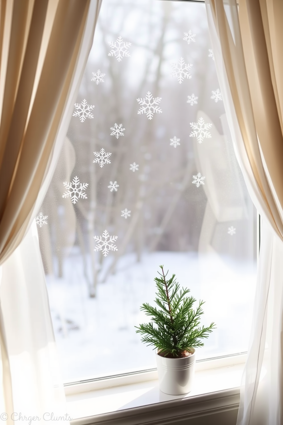 A cozy winter scene featuring snowflake window clings that add a festive charm to the room. The window is adorned with delicate snowflakes, creating a whimsical atmosphere that enhances the holiday spirit. Soft, sheer curtains frame the window, allowing natural light to filter through while highlighting the snowflake designs. A small potted evergreen sits on the windowsill, complementing the winter theme and bringing a touch of nature indoors.