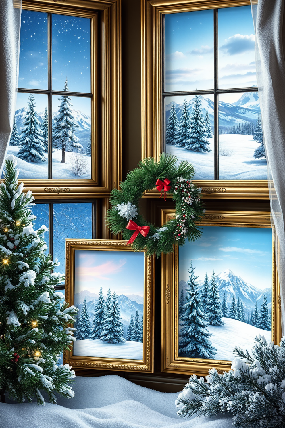 A cozy winter scene featuring potted winter plants on window sills. The plants are adorned with delicate frost and surrounded by soft, sheer curtains that gently filter the winter light. The window sills are decorated with rustic wooden trays that hold a mix of evergreen plants and seasonal decorations. Twinkling fairy lights are draped along the edges, adding a warm glow to the chilly atmosphere.