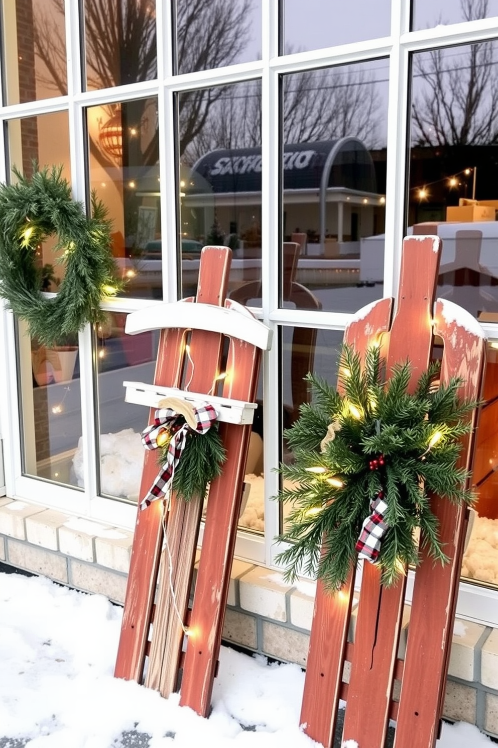 Create a cozy winter window display featuring vintage sleds as decorative accents. The sleds should be positioned against the window, adorned with evergreen branches and soft fairy lights for a warm glow.