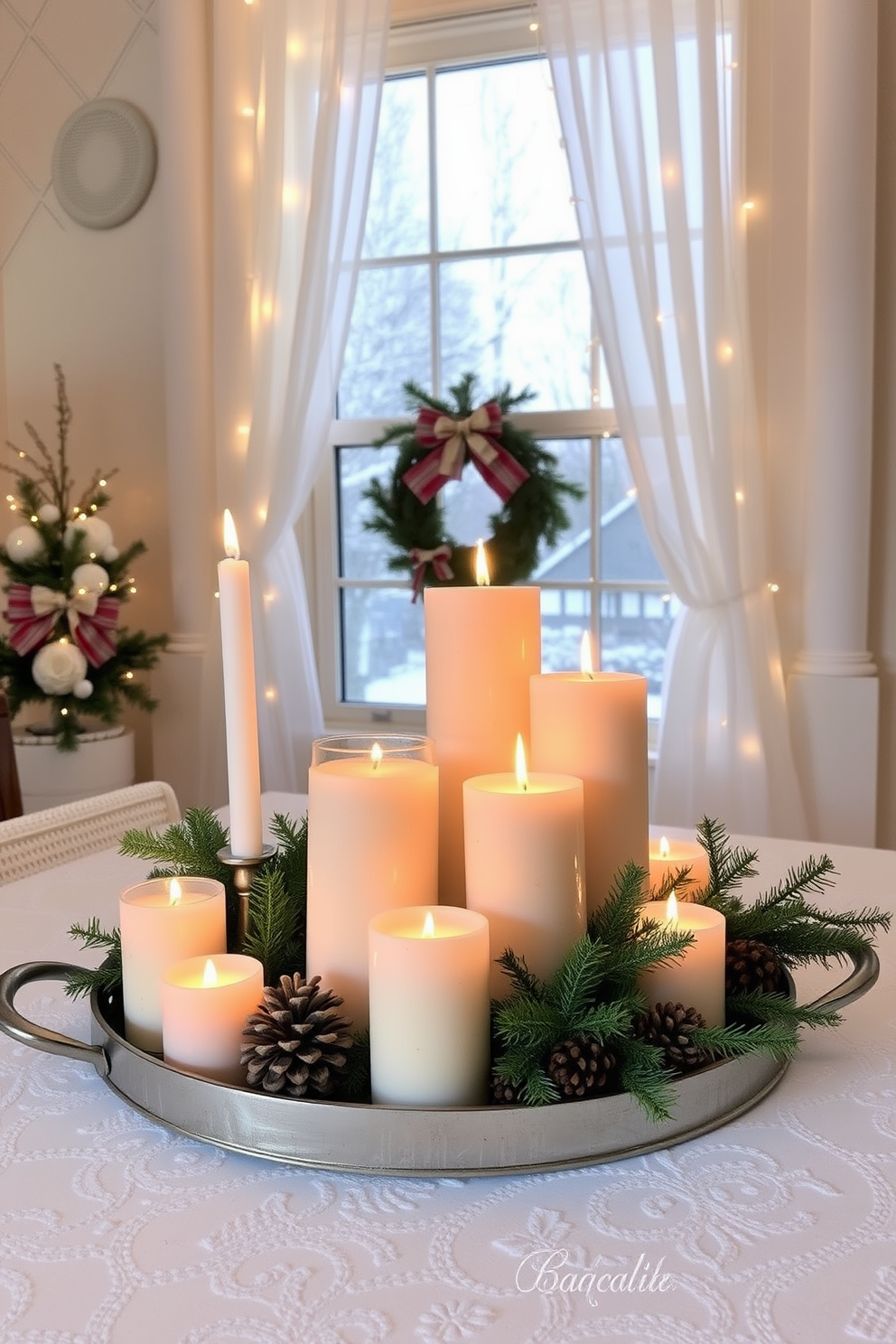 Create a cozy winter window scene featuring holiday-themed curtain tiebacks that add charm and elegance. The curtains are a rich deep red, and the tiebacks are adorned with festive greenery and pinecones, enhancing the seasonal atmosphere.