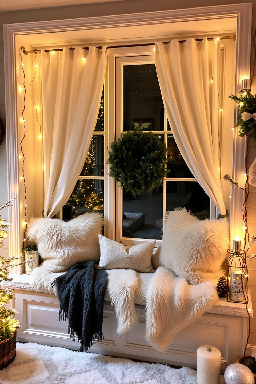 A cozy winter window display featuring glass jars filled with pinecones and vibrant red berries. The jars are arranged on a wooden windowsill, complemented by soft white fairy lights twinkling around them.