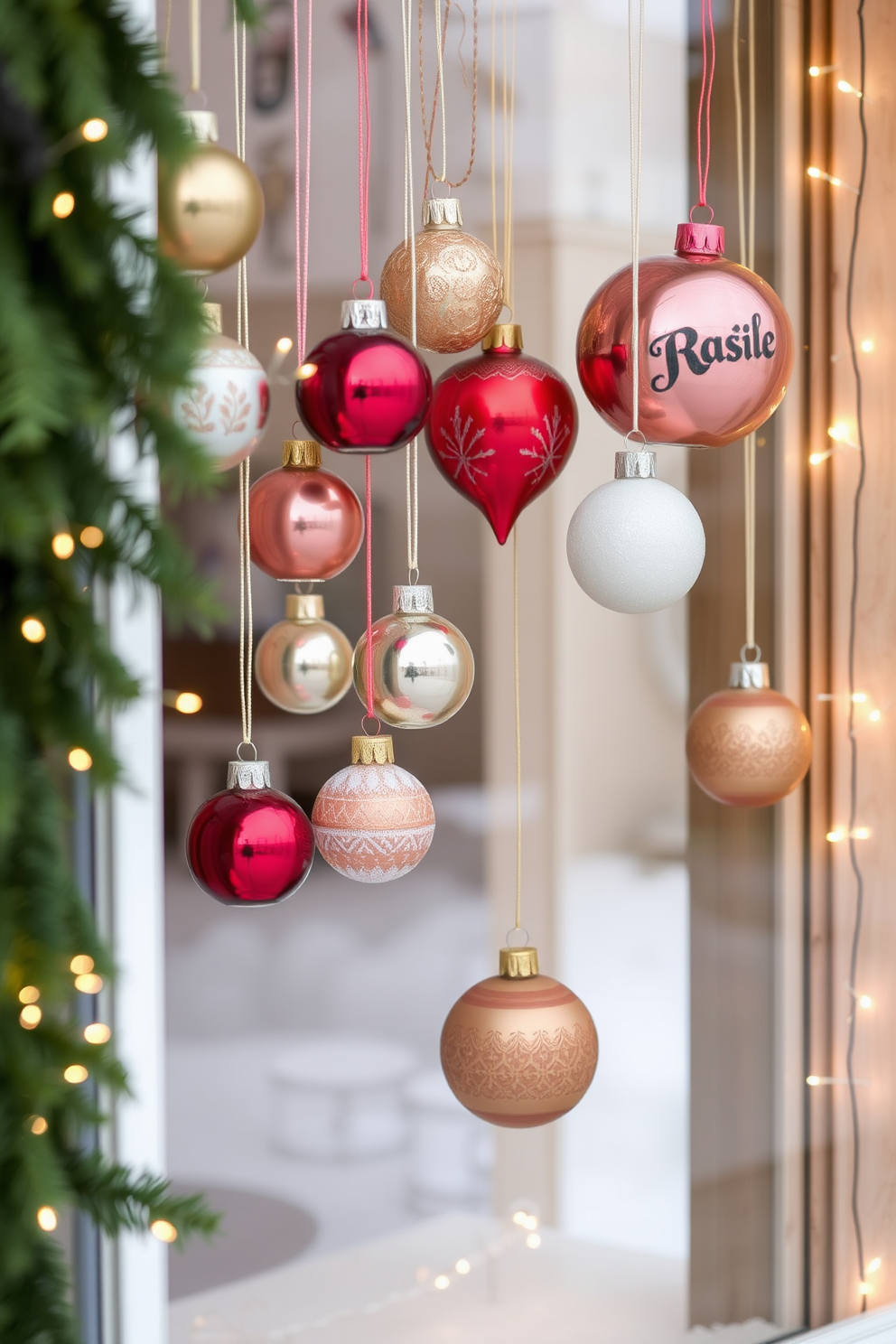 Create a cozy winter window display featuring a collection of hanging ornaments in various shapes and sizes. Incorporate elements like twinkling fairy lights and natural greenery to enhance the whimsical atmosphere.