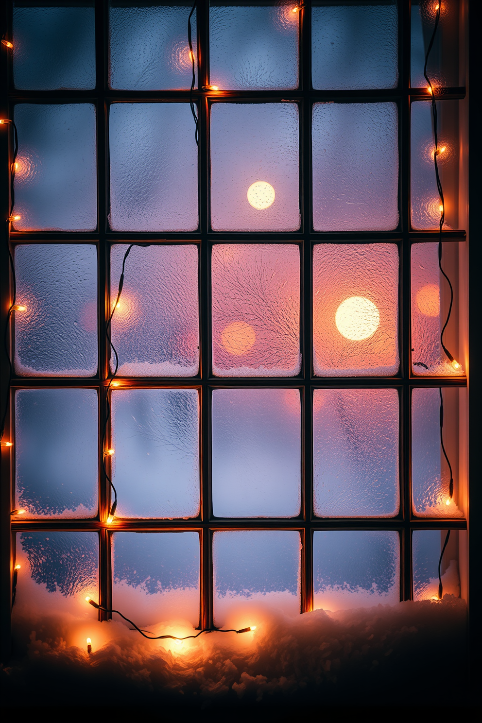 A cozy winter window scene adorned with string lights wrapped around the window frames. The warm glow of the lights illuminates the frosty glass, creating a festive and inviting atmosphere.