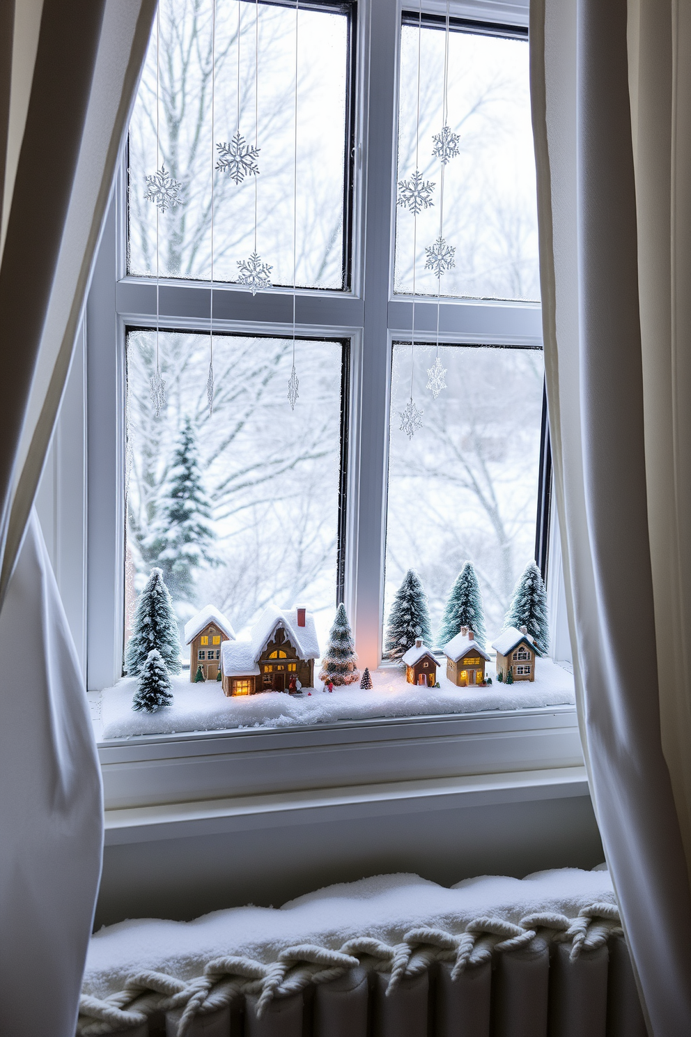 A charming miniature winter village display is arranged on the window sill. Tiny houses with snow-covered roofs and twinkling lights create a festive atmosphere. Delicate snowflakes hang from the window frame, complementing the scene. Soft white curtains billow gently in the winter breeze, enhancing the cozy feel.